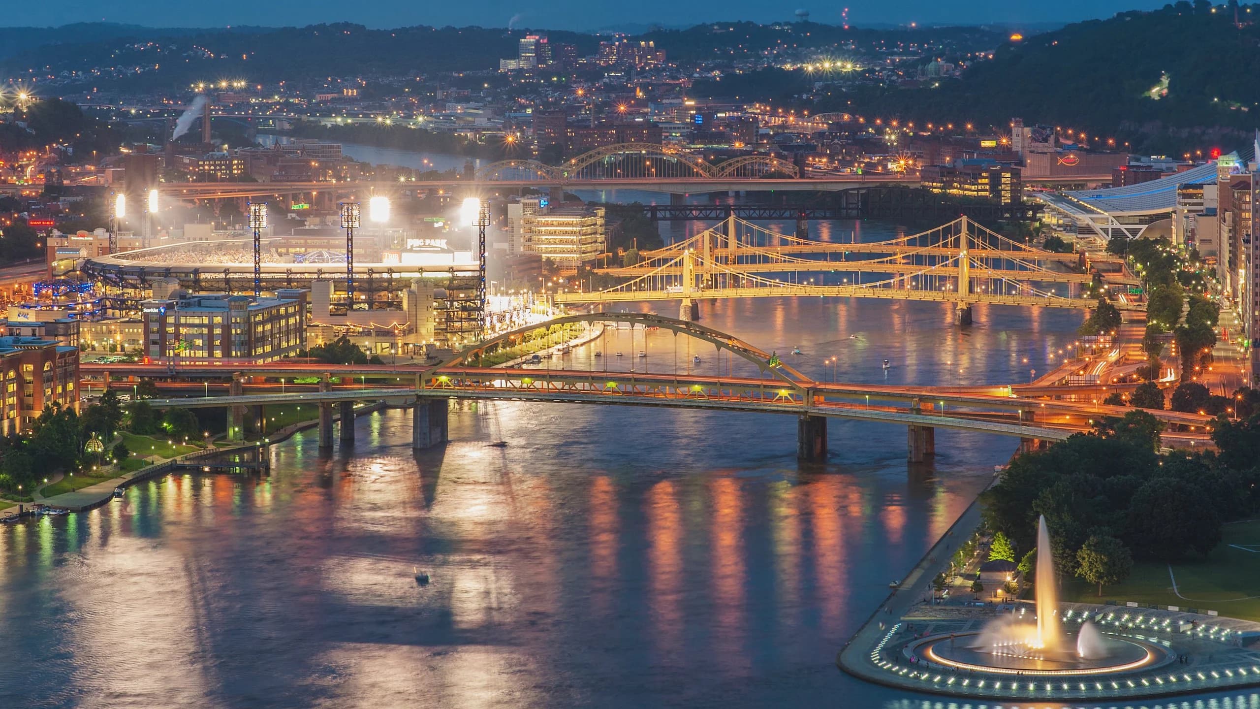 Pittsburgh skyline at night with bridges and river